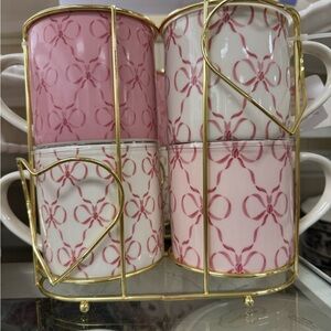 Pink and White Coquette Bow Pattern Mugs with Gold Holder